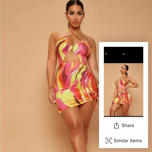 SHEIN SXY Brush Print Backless Cut Out Drawstring Side Halter Dress - Picture 4 of 6